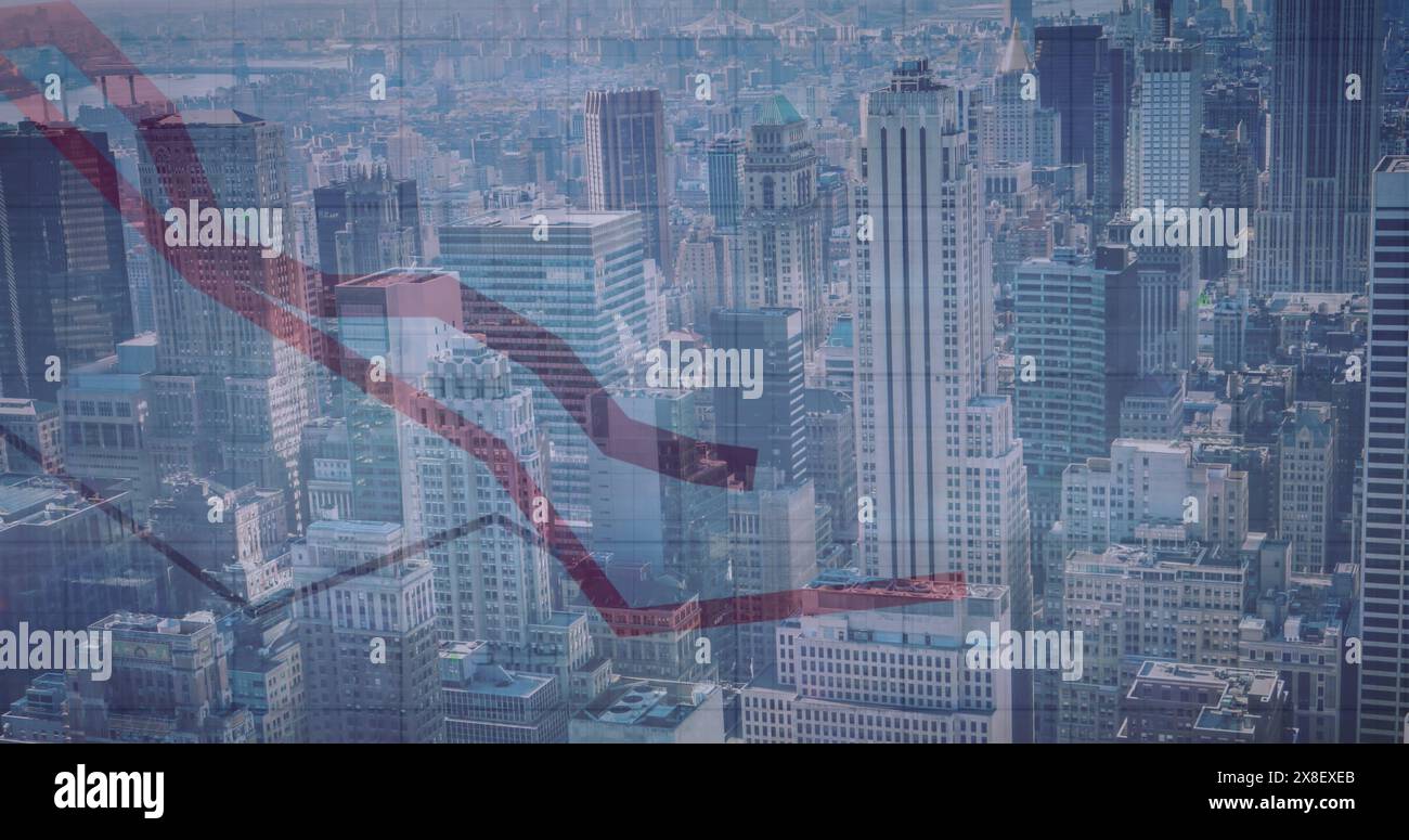 Immagine di linee rosse ed elaborazione dei dati finanziari sulla città Foto Stock