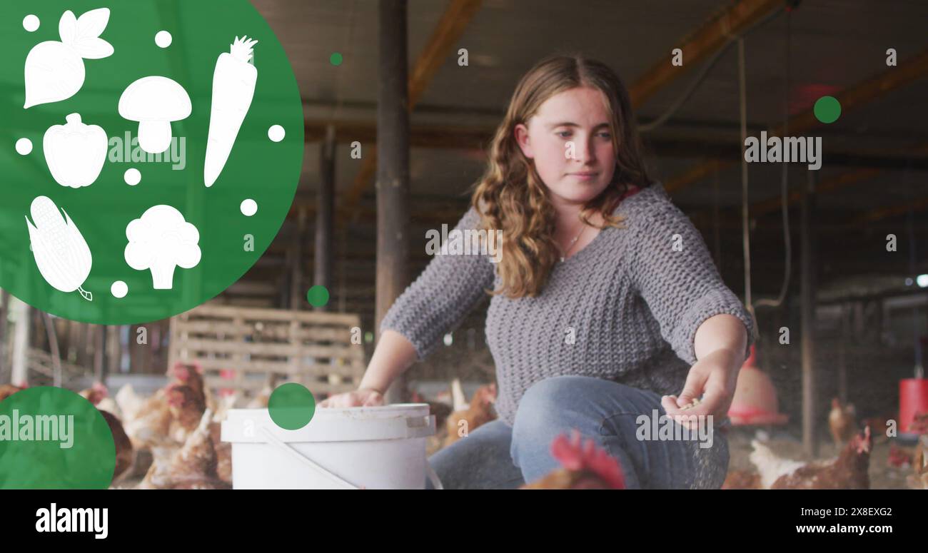 Immagine di icone vegetali e punti sopra donna caucasica che dà da mangiare ai polli nell'allevamento avicolo Foto Stock