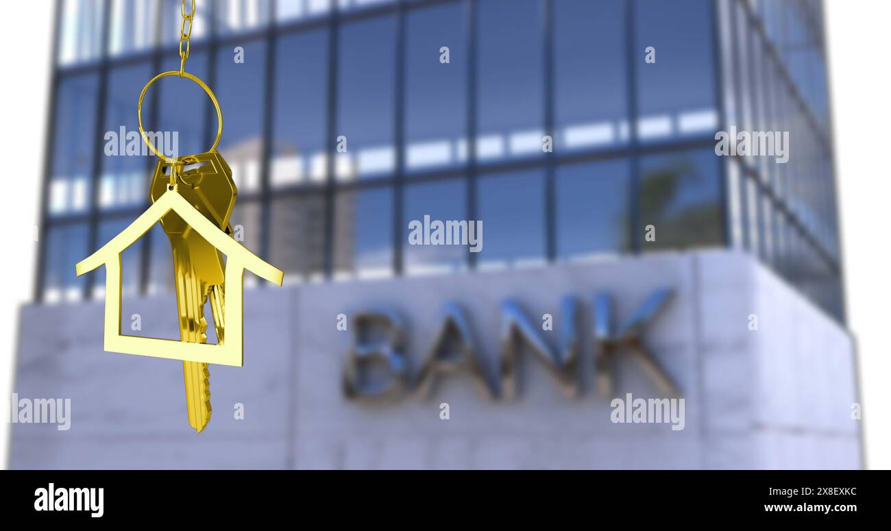 Immagine del portachiavi Key in House sopra il testo della banca su un edificio moderno Foto Stock
