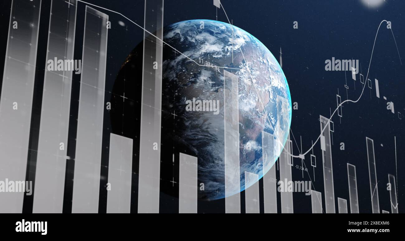 Immagine di più grafici con numeri variabili su globo rotante contro lo spazio Foto Stock