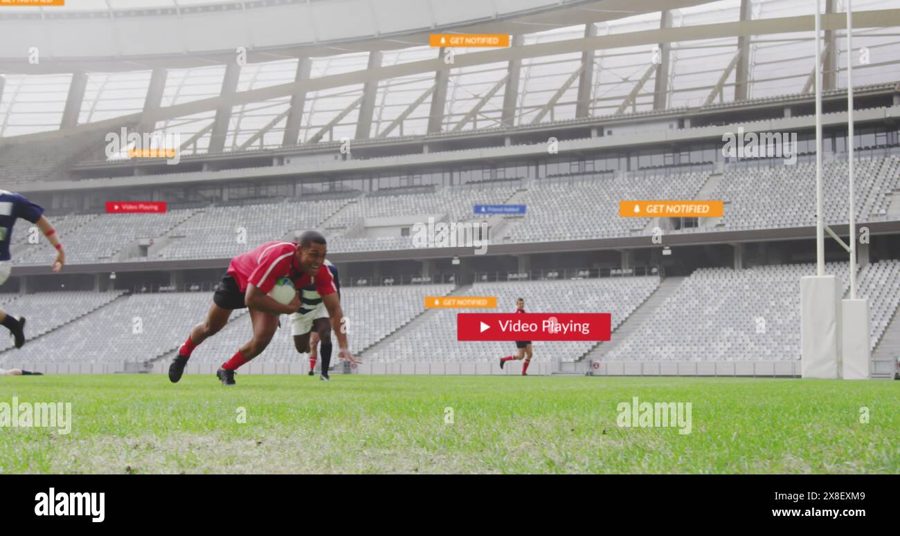 Immagine di barre di notifica su diversi giocatori che giocano a rugby nello stadio Foto Stock