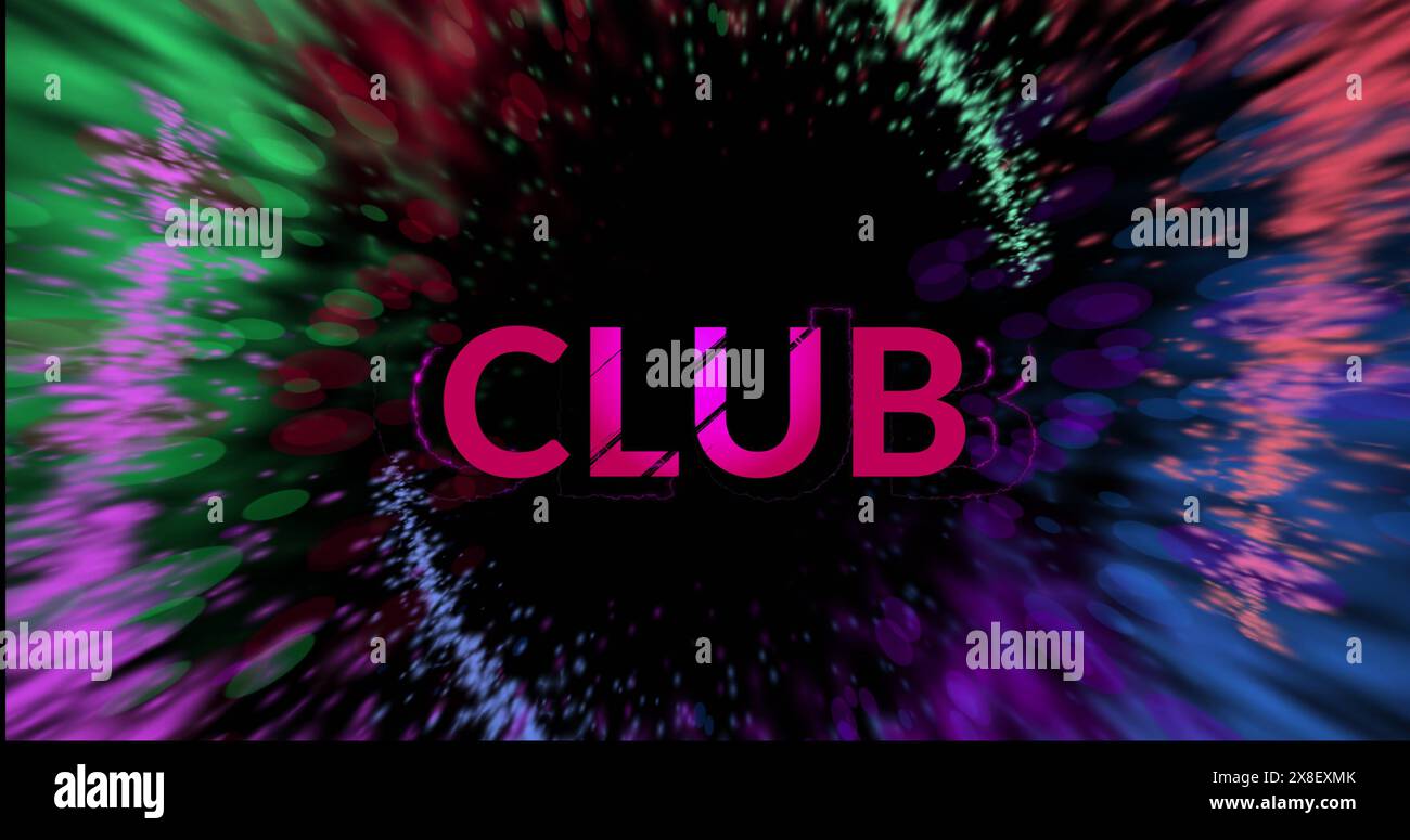 Immagine del testo rosa del club e tracce luminose su sfondo nero Foto Stock
