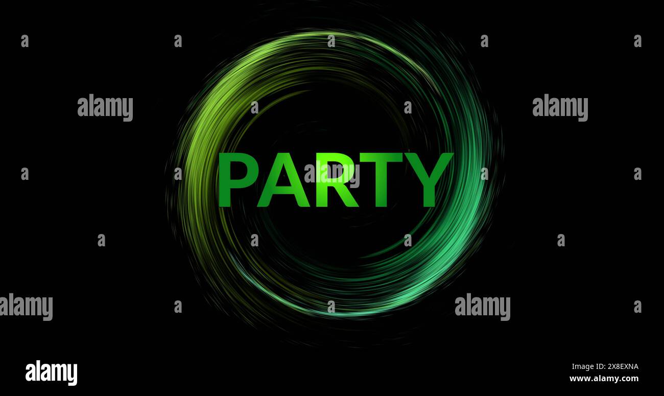 Immagine del testo verde della festa e cerchio di tracce luminose su sfondo nero Foto Stock