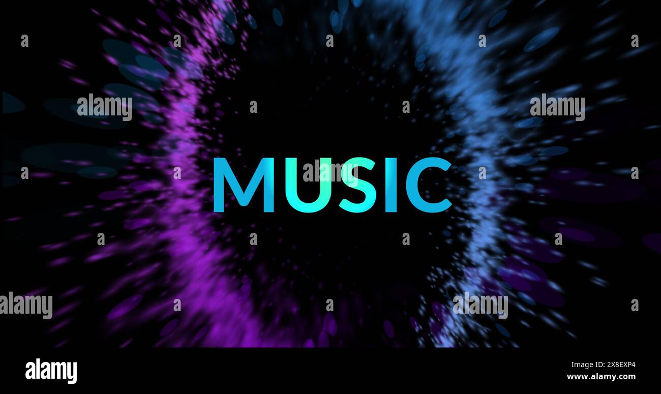 Immagine di testo musicale blu e tracce luminose su sfondo nero Foto Stock