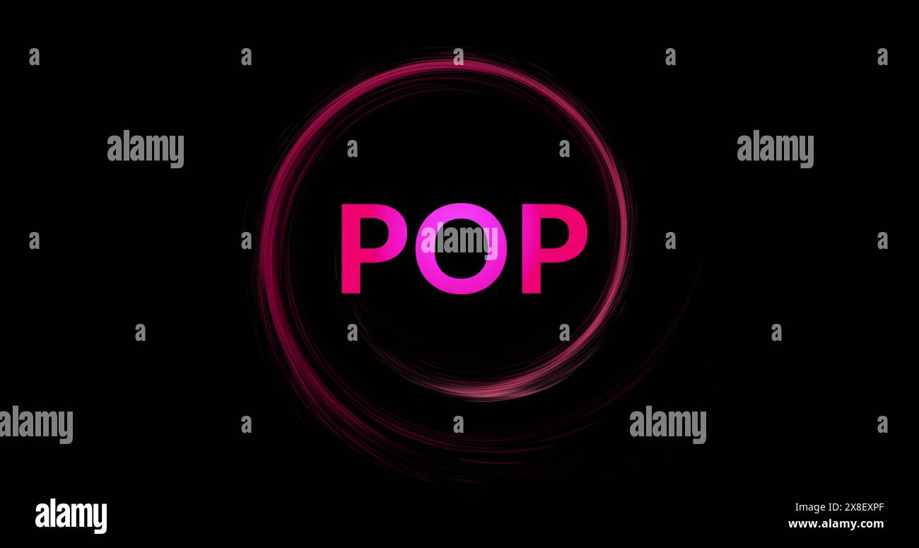 Immagine di testo pop rosa e cerchio di tracce luminose su sfondo nero Foto Stock