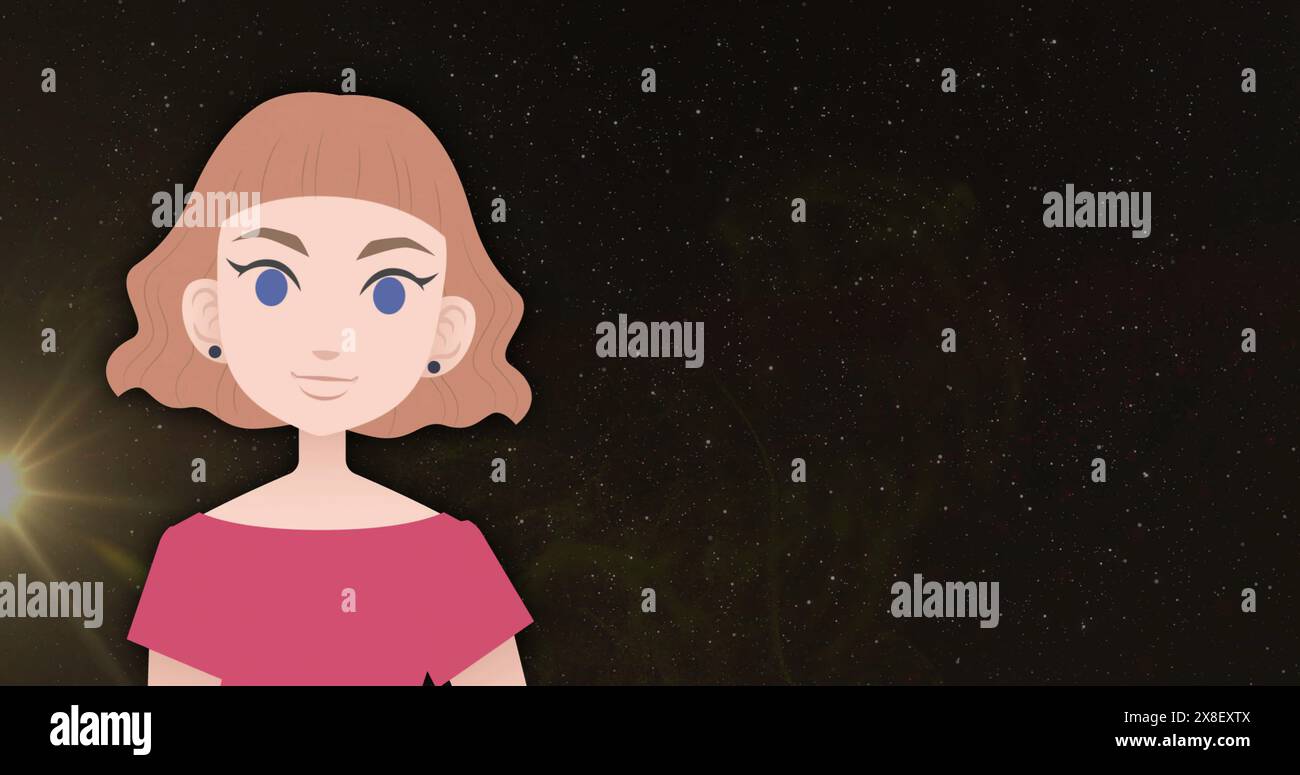 Una donna dei cartoni animati con i capelli corti e gli occhi blu si erge contro un cielo stellato. Indossa un top rosa e orecchini neri, con un Calm expres Foto Stock