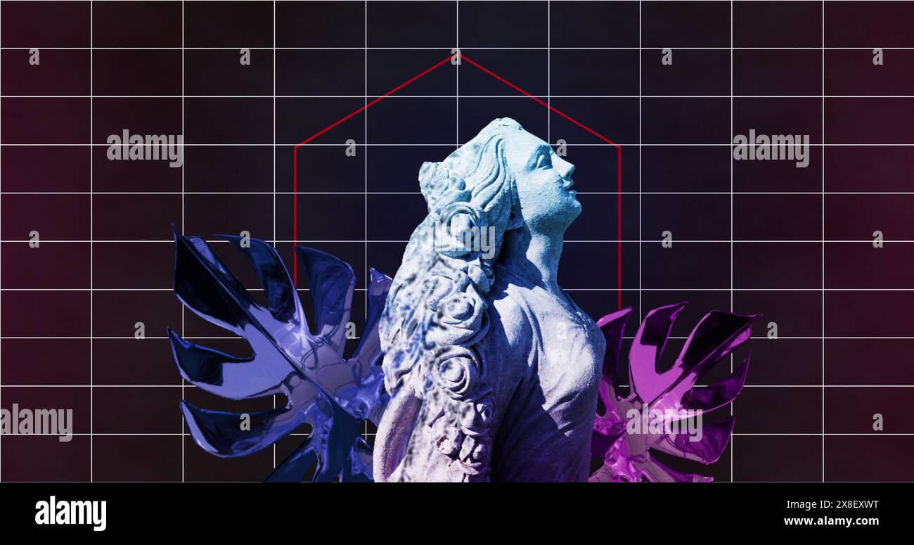 Immagine di una statua di donna glitched su foglie con griglia su sfondo nero Foto Stock