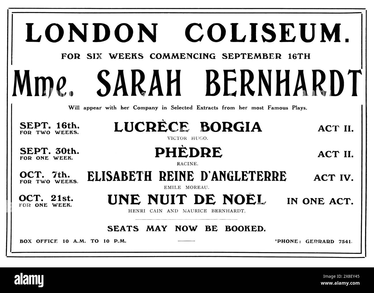 1912 pubblicità britannica per spettacoli teatrali dell'attrice Sarah Bernhardt al London Coliseum. Foto Stock