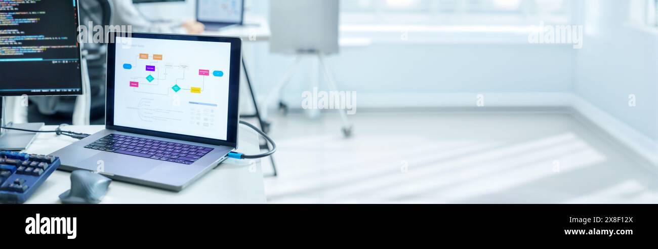 Lo sviluppatore software esamina i diagrammi di progettazione UX/UI durante la codifica su una workstation Foto Stock