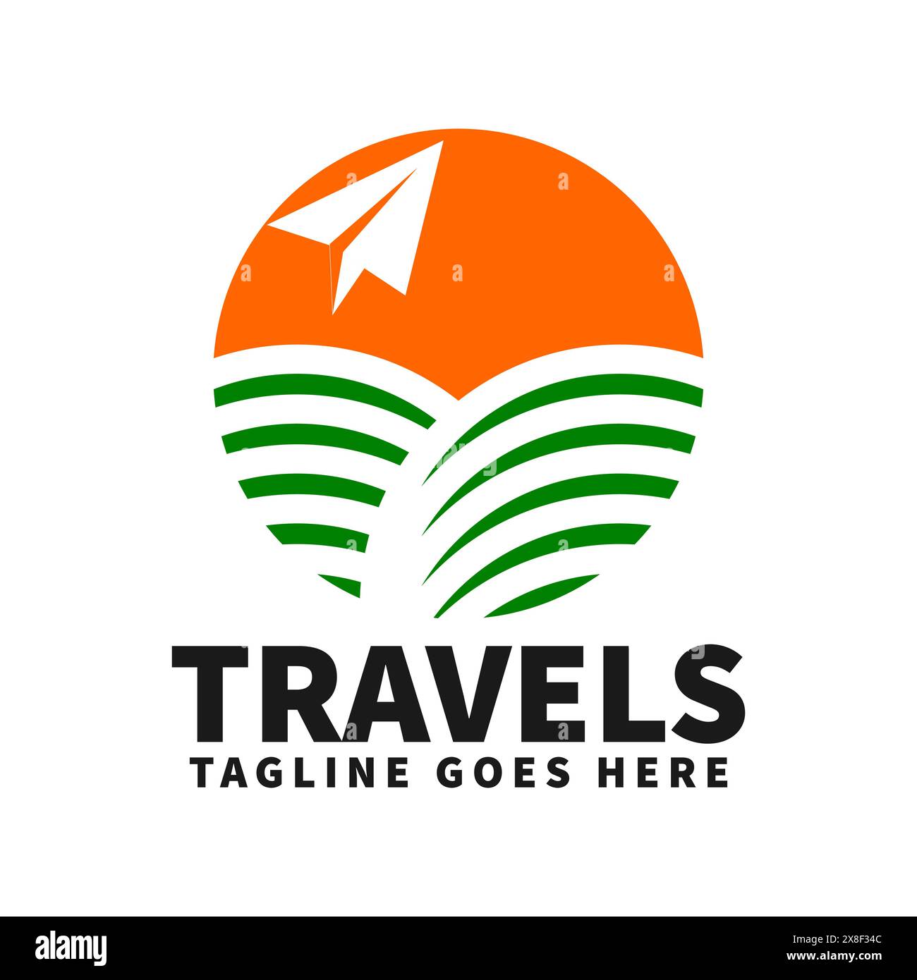 Modello con logo Travel con icona di carta, verde e sole. Illustrazione Vettoriale