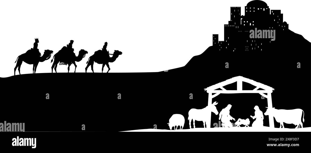 Presepe natalizio Bethlehem Manger Wise Men Illustrazione Vettoriale