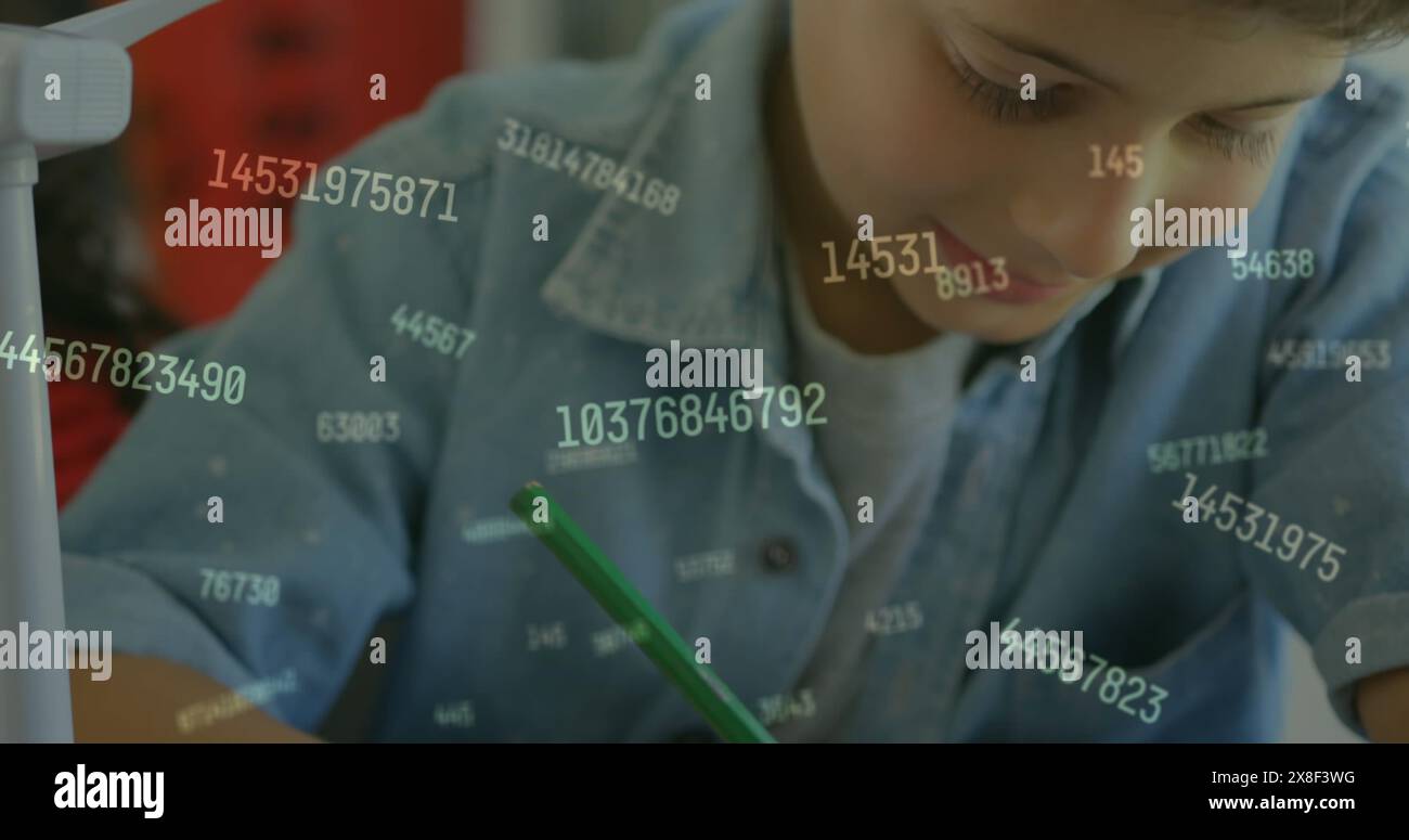 Immagine di numeri sopra la scrittura di scolari caucasici Foto Stock