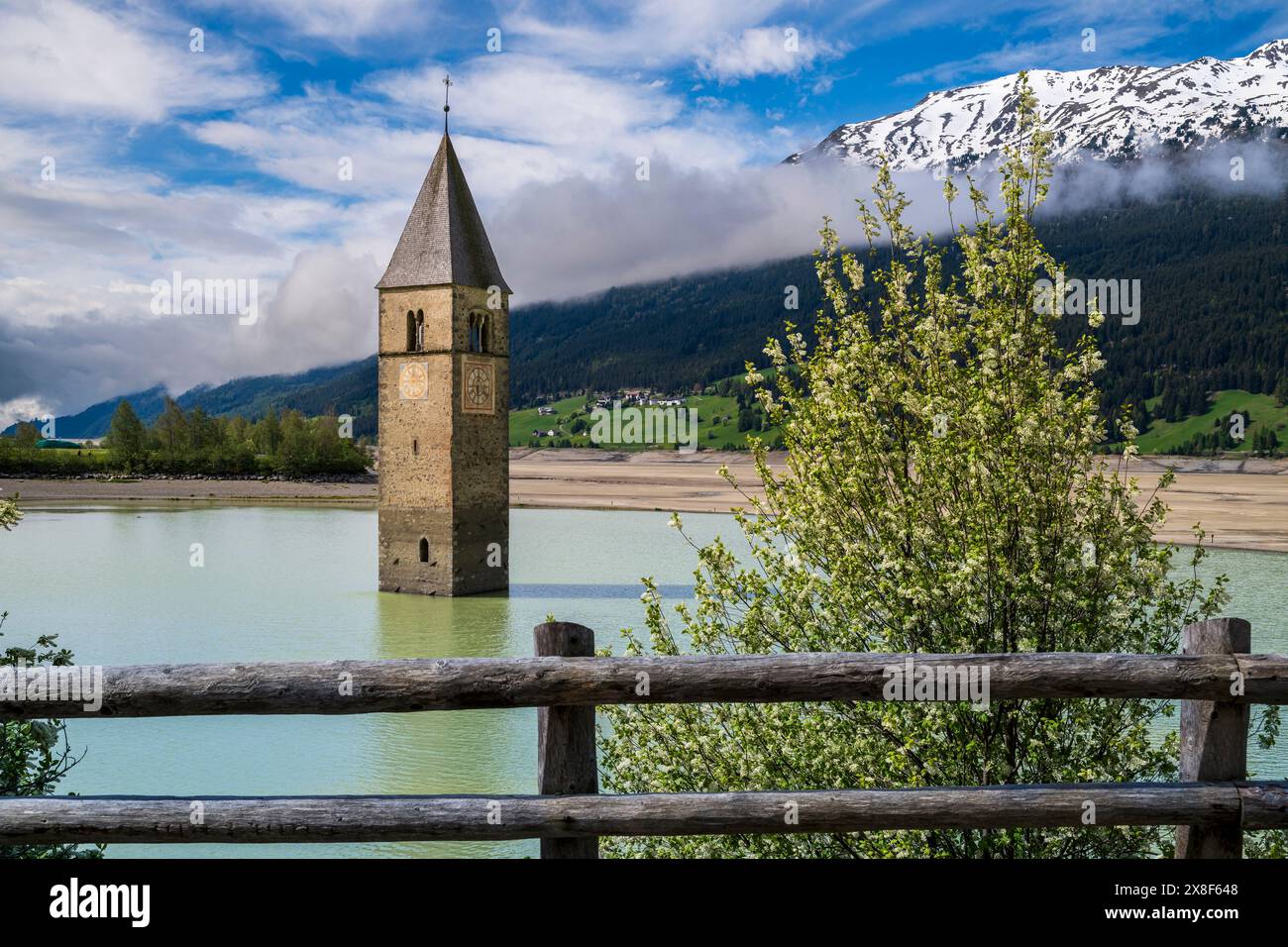 Campanile che emerge dal Lago di Resia, Graun im Vinschgau-Curon Venosta, alto Adige-alto Adige, Italia Foto Stock