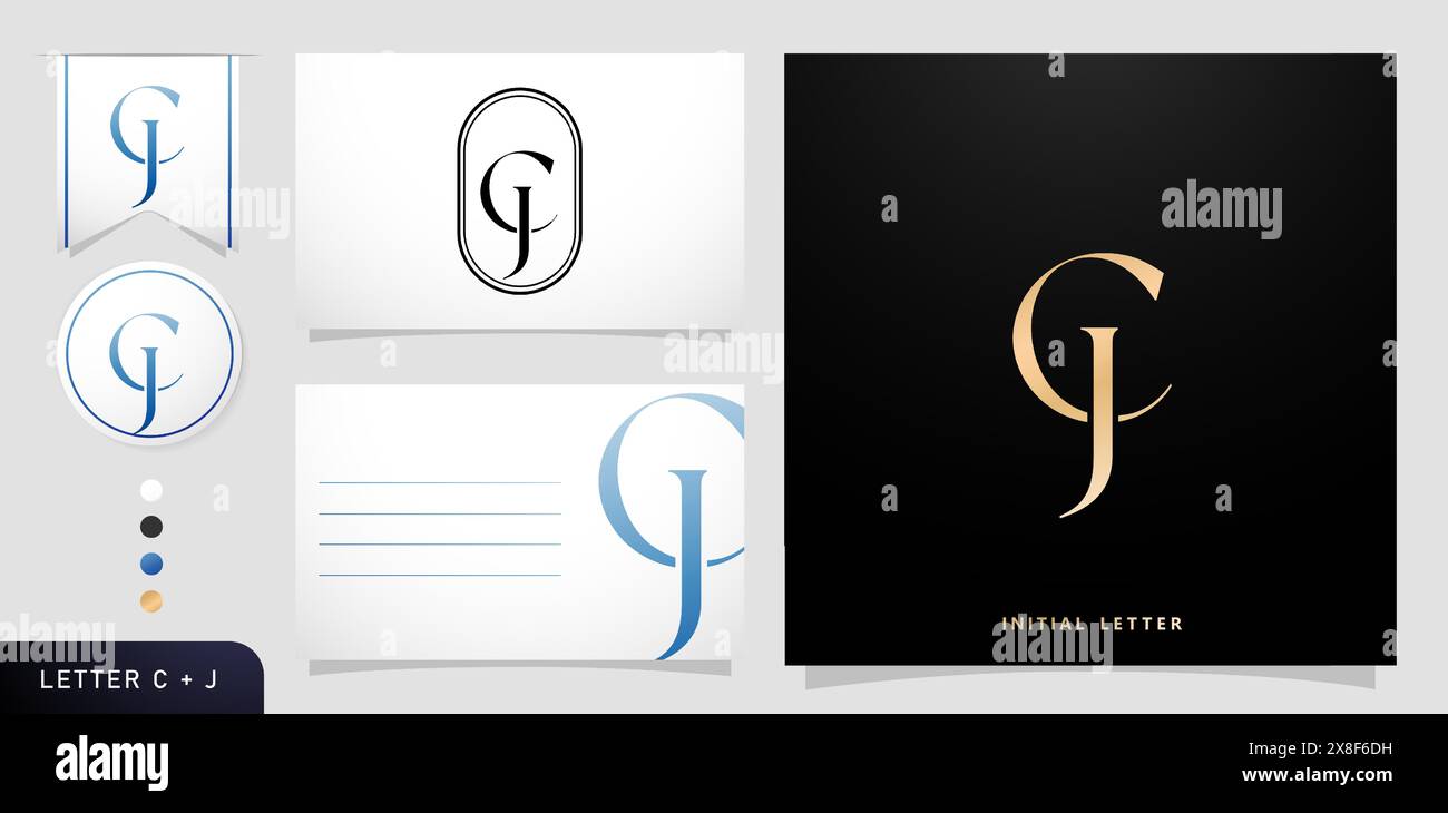 Un set di biglietti da visita con le iniziali Letter CJ Luxury lettere C e J Logo disegni in colore blu per campagne pubblicitarie di branding e stampa letteraria Illustrazione Vettoriale