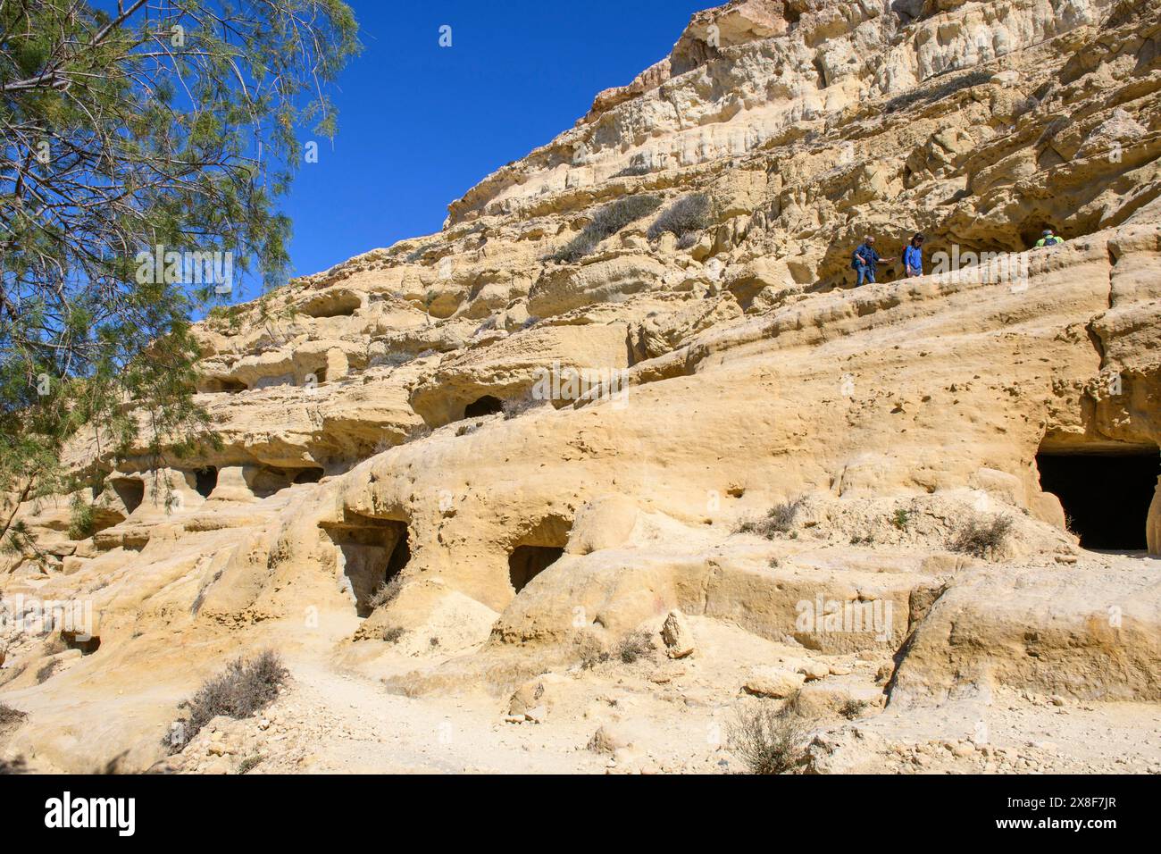 Vista degli ingressi alle grotte nelle scogliere di arenaria dell'ex necropoli romana con grotte di arenaria scolpite in arenaria tombe di grotta Grotte in rocce Foto Stock