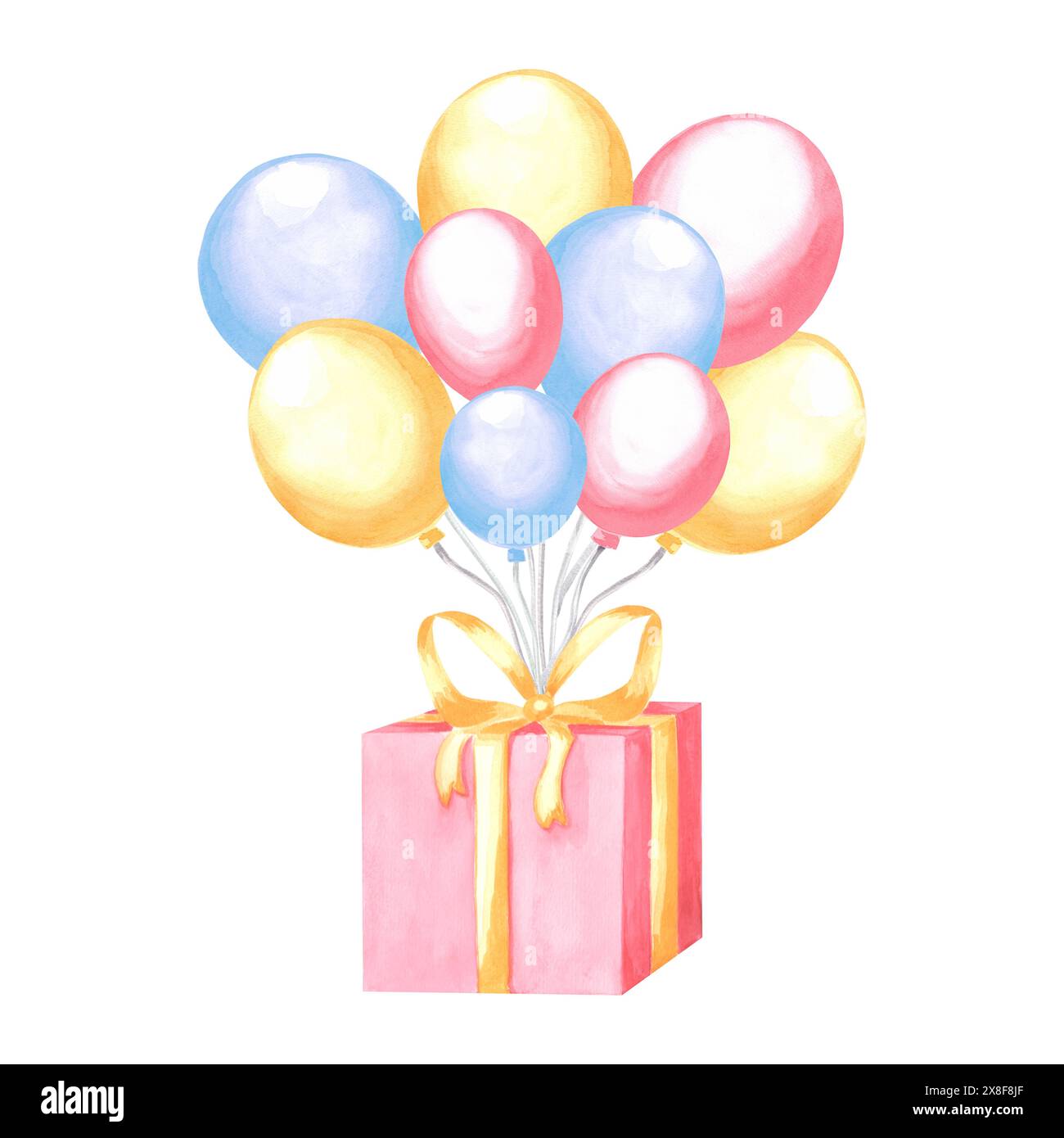 Palloncini all'elio e confezione regalo con fiocco. Colorato felice compleanno festivo clipart. Illustrazione ad acquerello disegnata a mano isolata. Modello per compleanno, ho Foto Stock