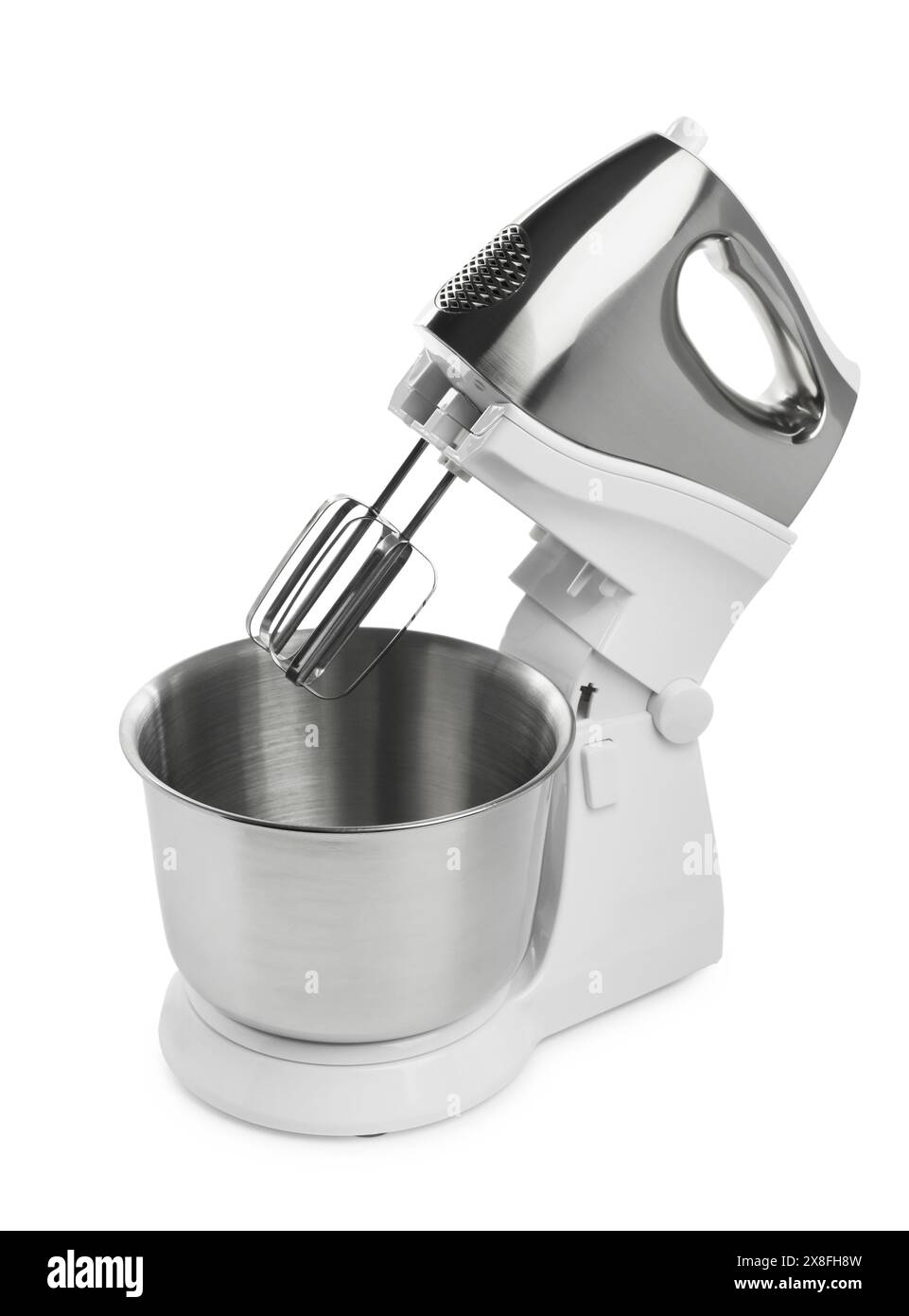 Un moderno miscelatore a piedistallo isolato sul bianco Foto Stock
