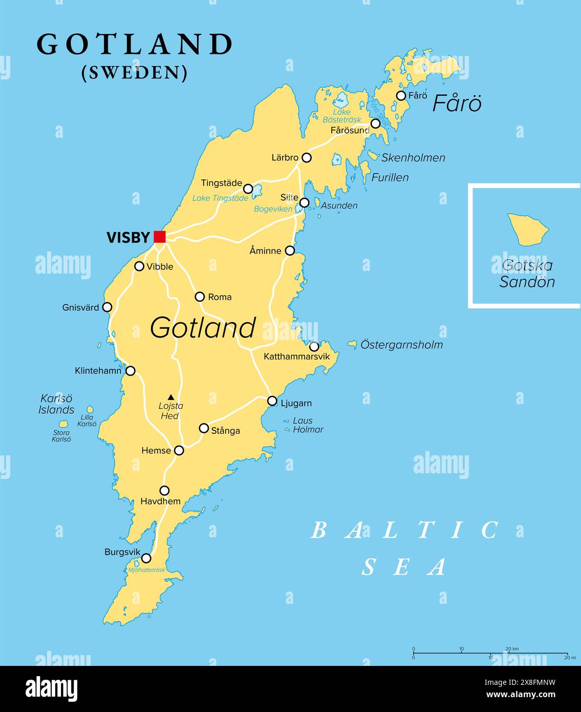 Gotland, mappa politica. L'isola più grande della Svezia, completamente circondata dal Mar Baltico. Provincia di Gotland con capitale Visby. Foto Stock