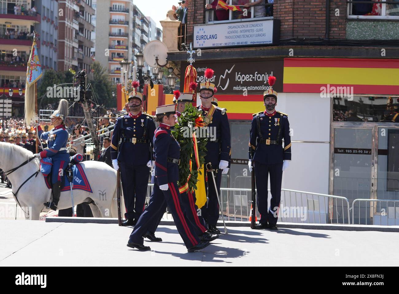 Oviuedo, Spagna. 25 maggio 2024. Il re spagnolo Felipe vi e la regina Letizia durante la giornata nazionale delle forze armate spagnole 2024 a Oviedo sabato 25 maggio 2024. Crediti: CORDON PRESS/Alamy Live News Foto Stock