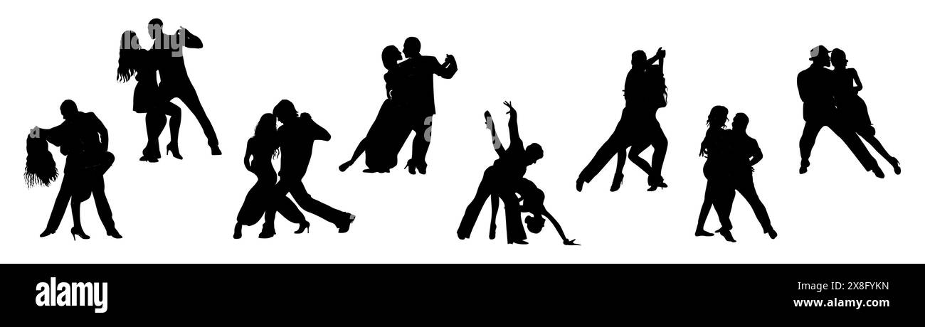 Gruppo di ballerini, coppie silhouette nere Illustrazione Vettoriale