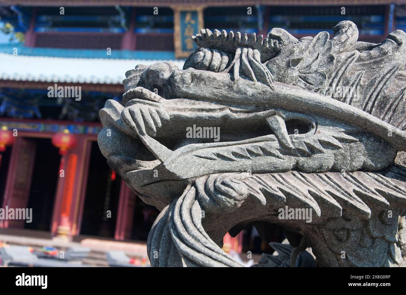 Una statua del drago cinese all'interno del tempio Chiwan TianHuo nel distretto di Nanshan, Shenzhen Cina. Foto Stock