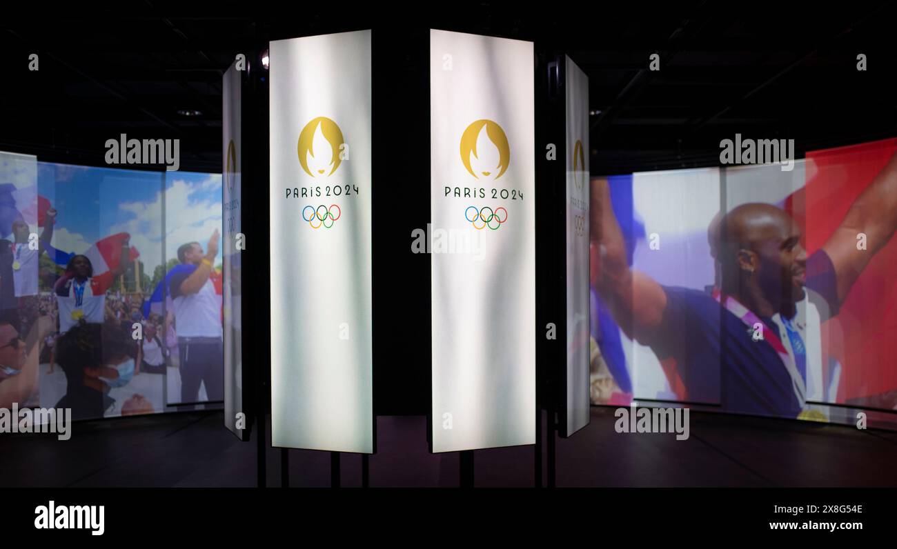 Losanna, Svizzera. 5 maggio 2024. Presentazione della mostra "Paris Olympique, an immersive journey" che riguarda i Giochi Olimpici di Parigi 2024 e si è svolta presso il Museo Olimpico di Losanna, la capitale olimpica. (Credito: Eric Dubost/SipaUSA) credito: SIPA USA/Alamy Live News Foto Stock