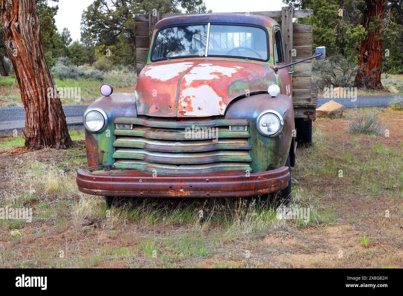 Ritratto di un camion Chevrolet Loadmaster del 1947, abbandonato in un campo agricolo vicino a Bend, Oregon Foto Stock