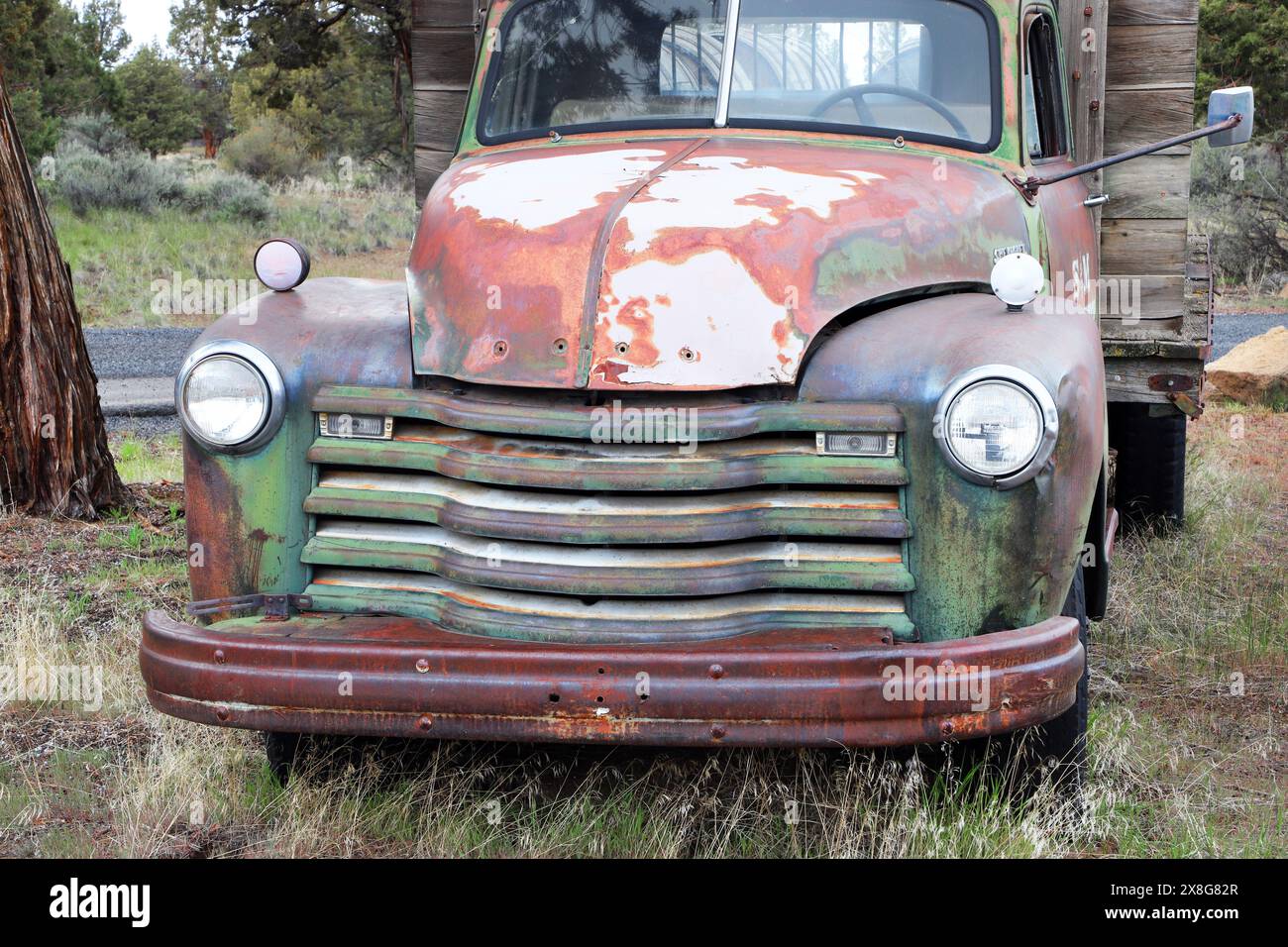 Ritratto di un camion Chevrolet Loadmaster del 1947, abbandonato in un campo agricolo vicino a Bend, Oregon Foto Stock