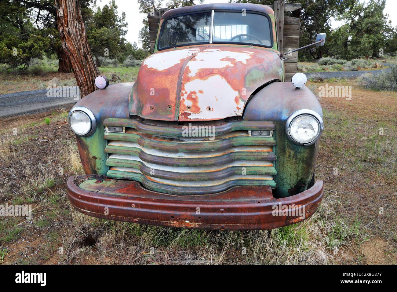 Ritratto di un camion Chevrolet Loadmaster del 1947, abbandonato in un campo agricolo vicino a Bend, Oregon Foto Stock