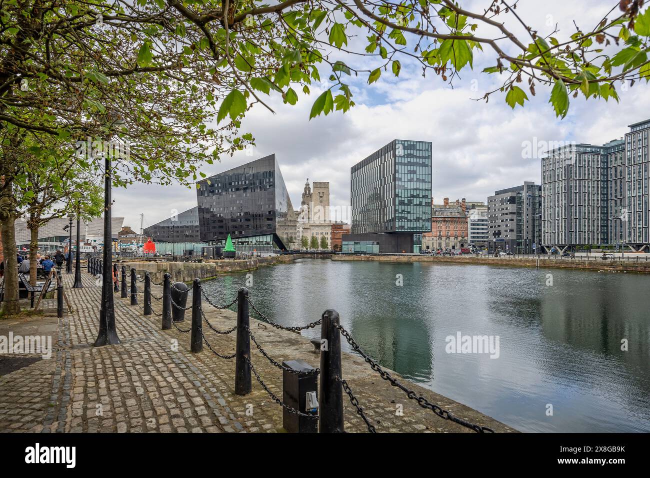 Vista dall'altra parte dell'acqua dal Royal Albert Docks of Mann Island Buildings e dal Museum of Liverpool sul lungomare, Liverpool, Merseyside, Regno Unito, su 20 Foto Stock