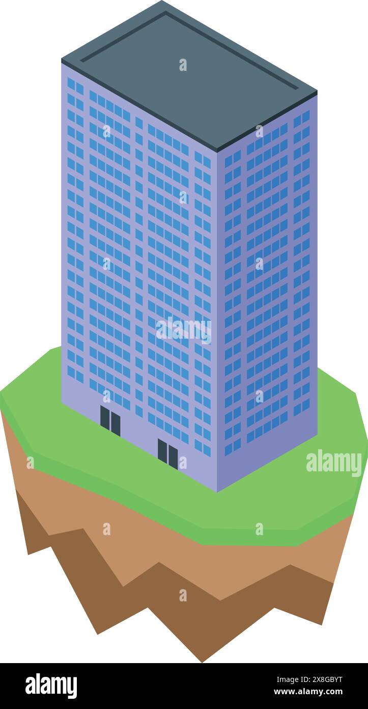 illustrazione isometrica 3d di un moderno grattacielo su un pezzo di terra galleggiante con erba Illustrazione Vettoriale