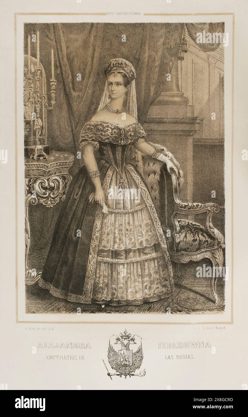 Carlotta di Prussia (1798-1860). Imperatrice consorte di Russia (1825-1855) come Alexandra Fyodorovna, per matrimonio con lo zar Nicola i (1796-1855). Verticale. Disegno di C. Legrand. Litografia di J. Donón. "Reyes Contemporáneos" (Re contemporanei). Volume III. Pubblicato a Madrid, 1854. Autore: Julio Donón. Artista spagnolo attivo dal 1840 al 1880. Luis Carlos Legrand (fl. 1829-1858). Disegnatore e litografo spagnolo. Foto Stock