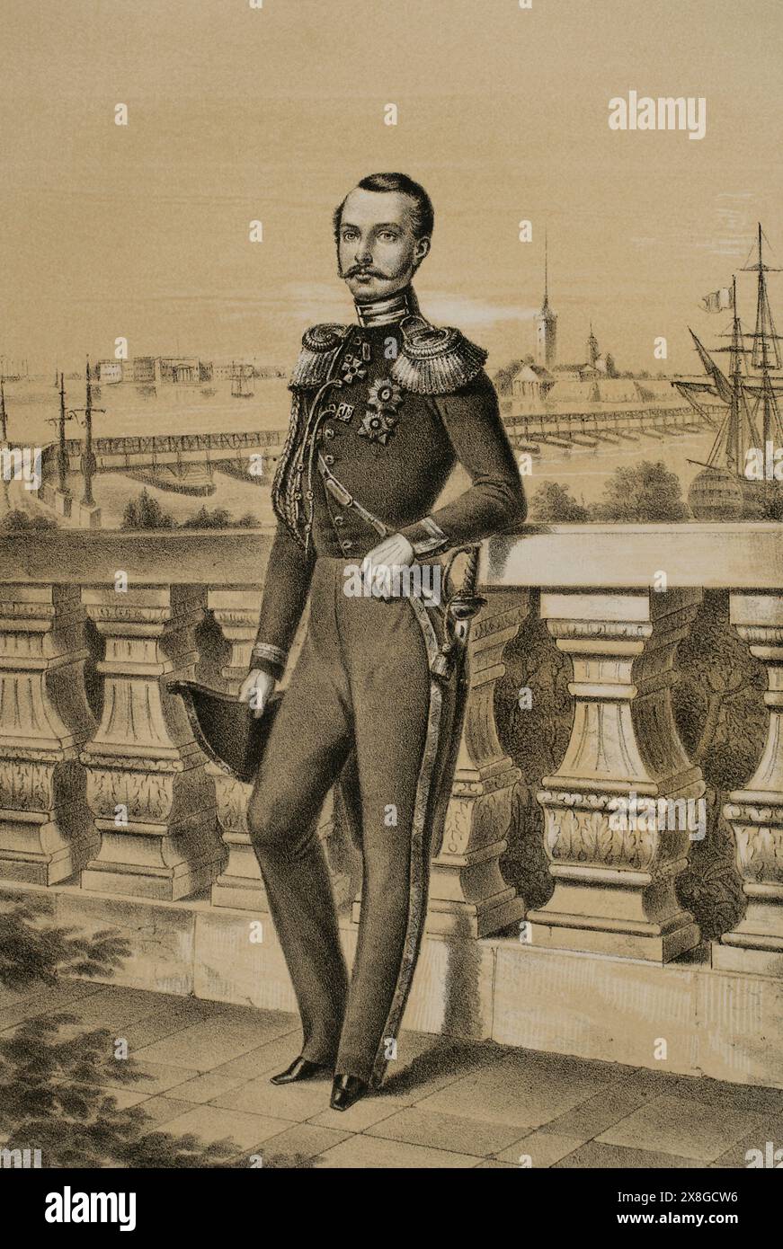 Alessandro II di Russia (Alexander Nikolaievich) (1818-1881). Imperatore di Russia (1855-1881), granduca di Finlandia e re di Polonia. Ritratto di Alexander Nikolaievich come Granduca di Russia (Velikiy Knjaz). Disegno di A. Belvedere. Litografia di J. Donón. "Reyes Contemporáneos" (Re contemporanei). Volume III. Pubblicato a Madrid, 1854. Autore: Augusto Belvedere (1801-1888). Artista portoghese. Julio Donón. Artista spagnolo attivo dal 1840 al 1880. Foto Stock