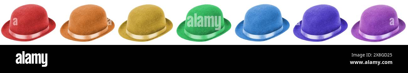 Sette cappelli da bowling, colori arcobaleno, sfondo trasparente Foto Stock
