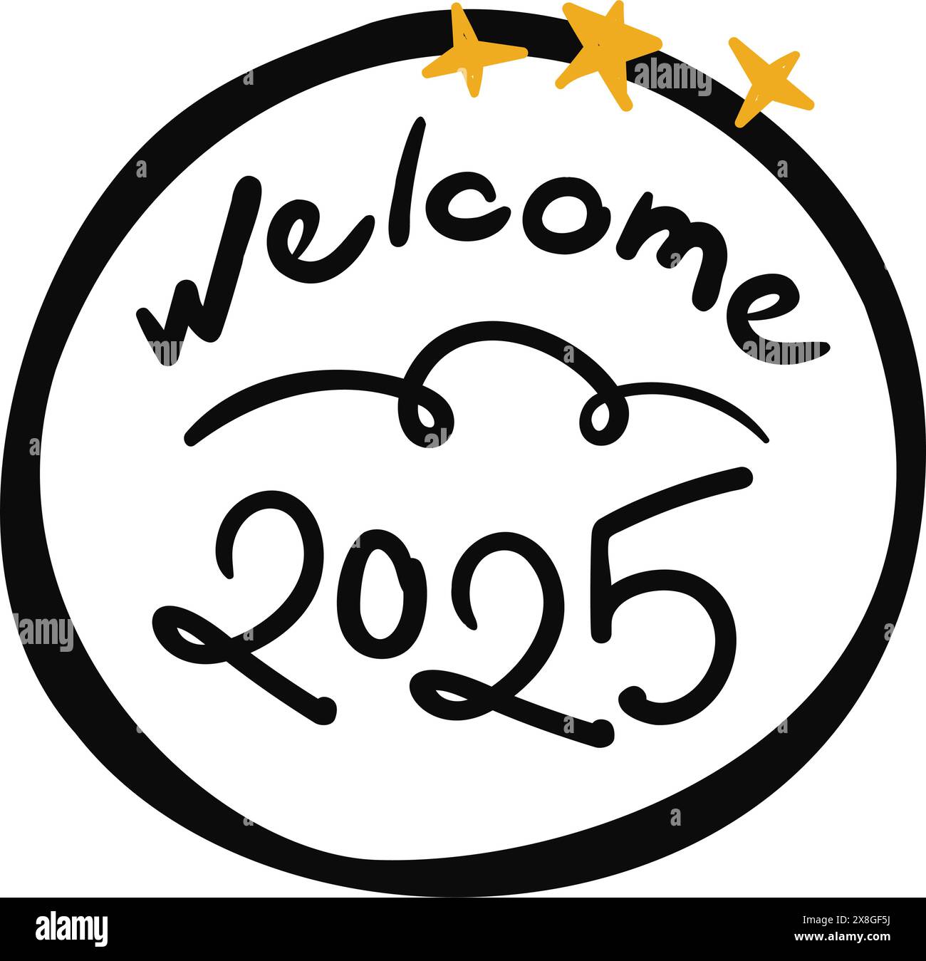 Benvenuti 2025 illustrazione vettoriale di doodle scritta a mano Illustrazione Vettoriale