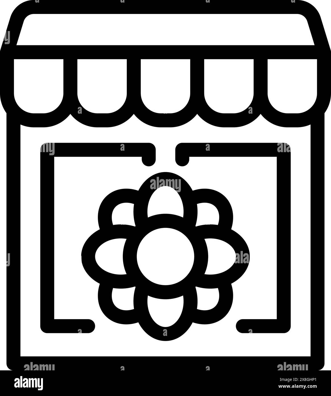 Semplice illustrazione in bianco e nero di un negozio di fiori con un design elegante e minimalista che mostra un piccolo negozio urbano. Perfetto per l'uso come logo o emblema nel settore della vendita al dettaglio floreale Illustrazione Vettoriale