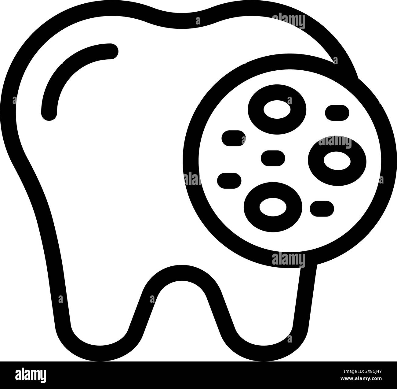 Icona della linea nera che rappresenta un dente con carie, adatto per argomenti di salute dentale Illustrazione Vettoriale