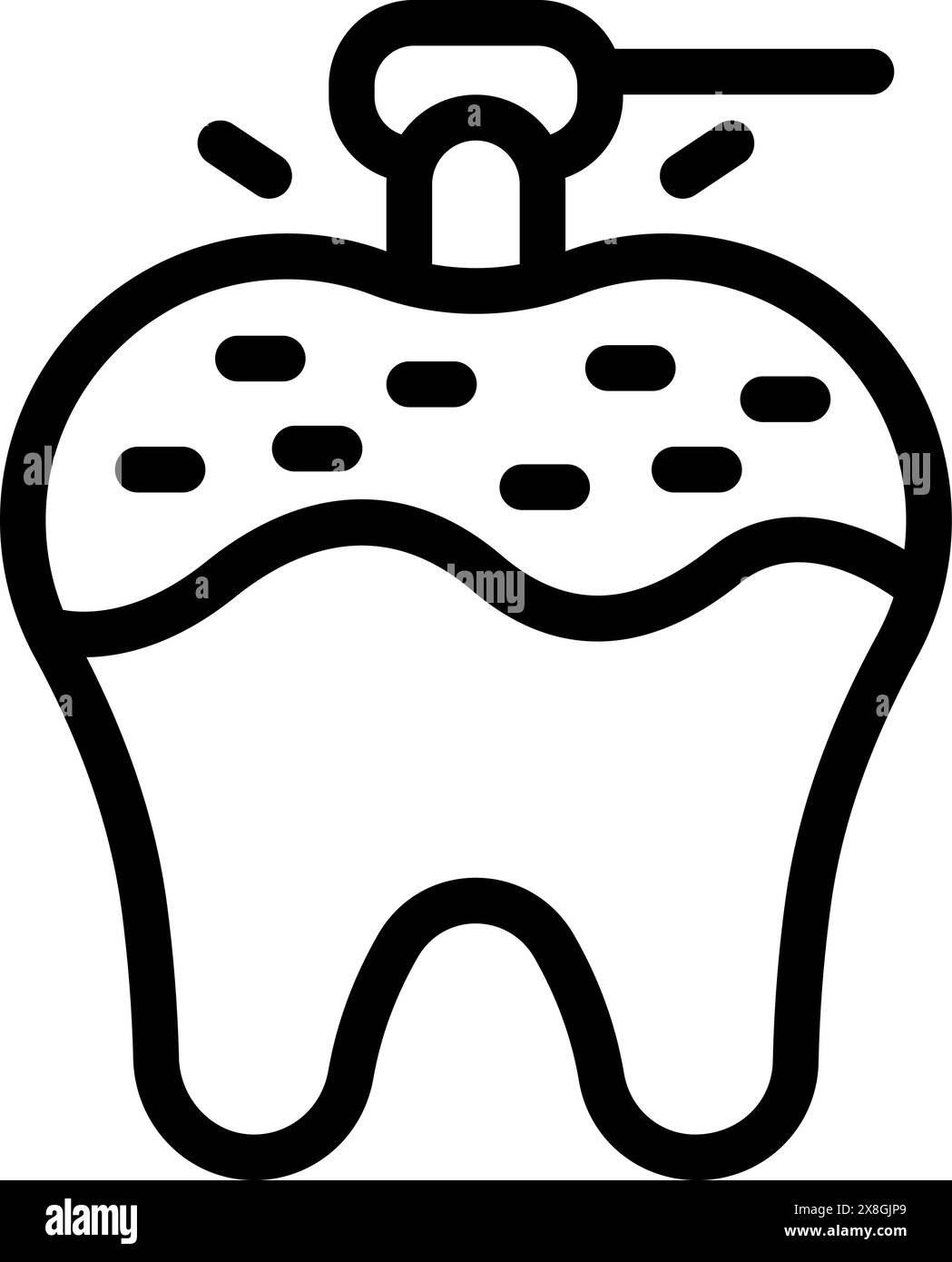 Illustrazione dell'icona di riempimento dentale in bianco e nero, grafica vettoriale per l'igiene orale, il trattamento dentista, la riparazione di cavità e il restauro dei denti, raffigurante la protezione dello smalto e la pratica igienica Illustrazione Vettoriale