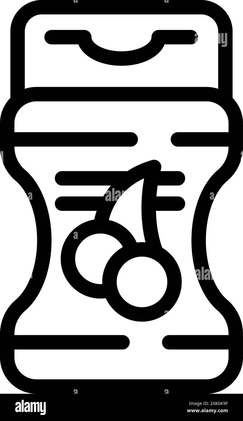 Icona vettoriale di una tazza di yogurt con illustrazione di ciliegie in un semplice stile line art Illustrazione Vettoriale