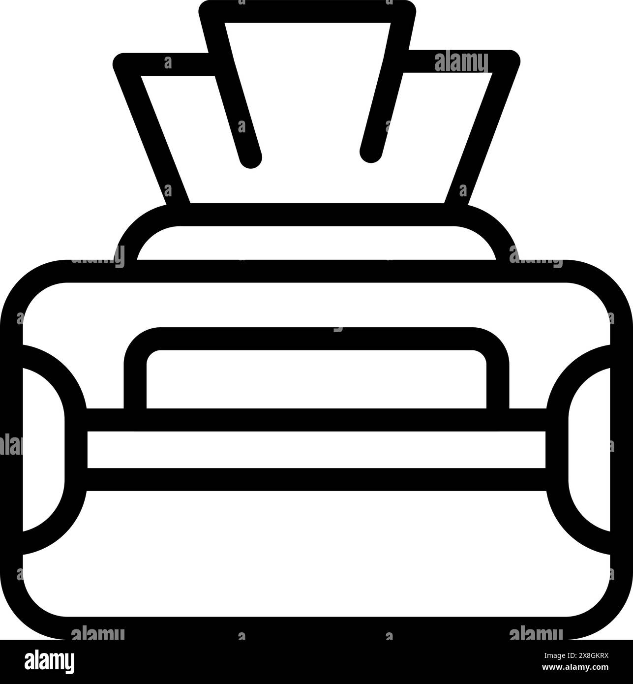 Moderna illustrazione vettoriale in bianco e nero dell'icona di una stampante da ufficio in semplice stile line art, che rappresenta la tecnologia digitale e le apparecchiature aziendali. Ideale per progetti di interfaccia utente e Web Illustrazione Vettoriale