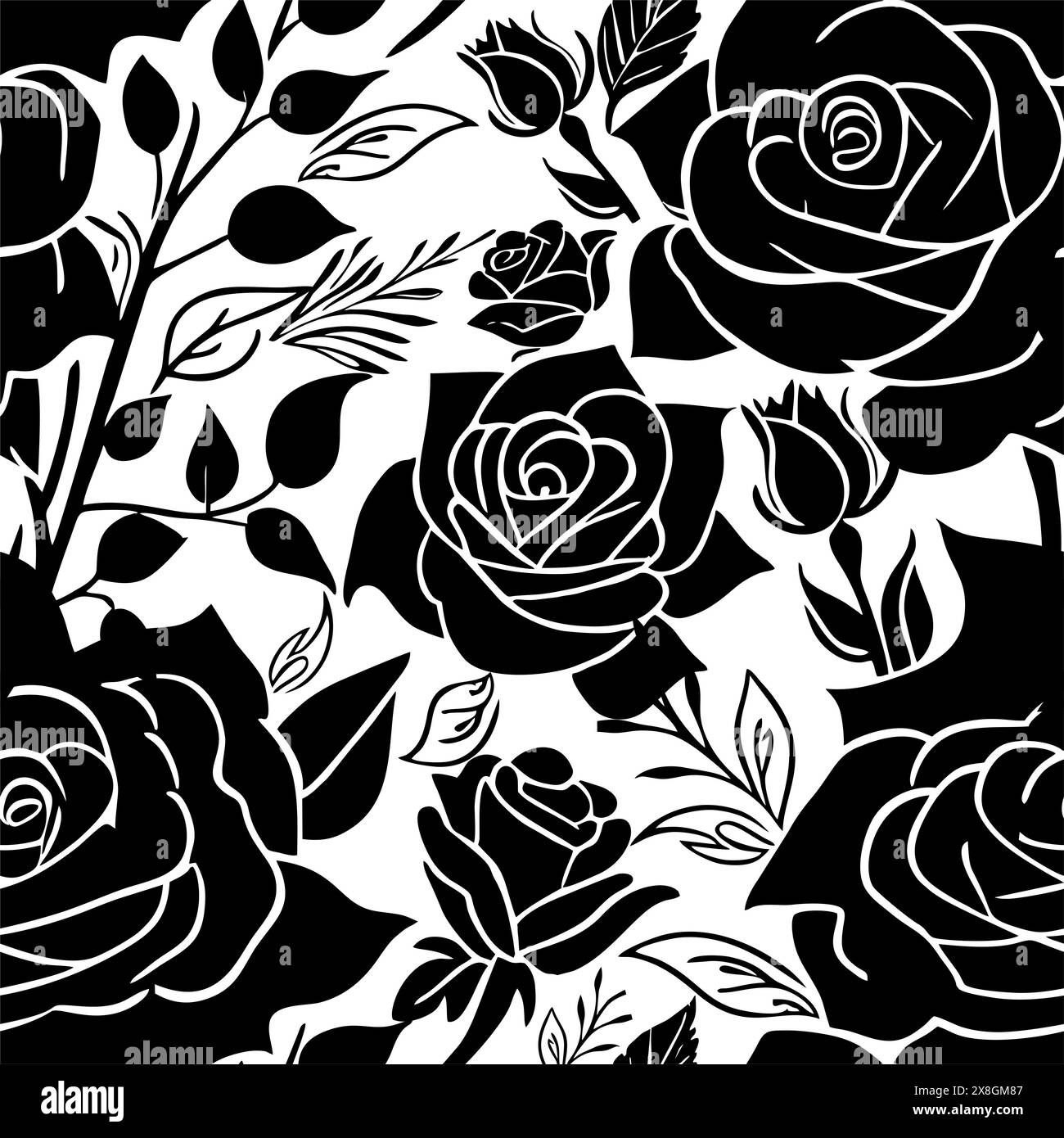 motivo in bianco e nero senza cuciture di fiori di rosa, texture, design Foto Stock