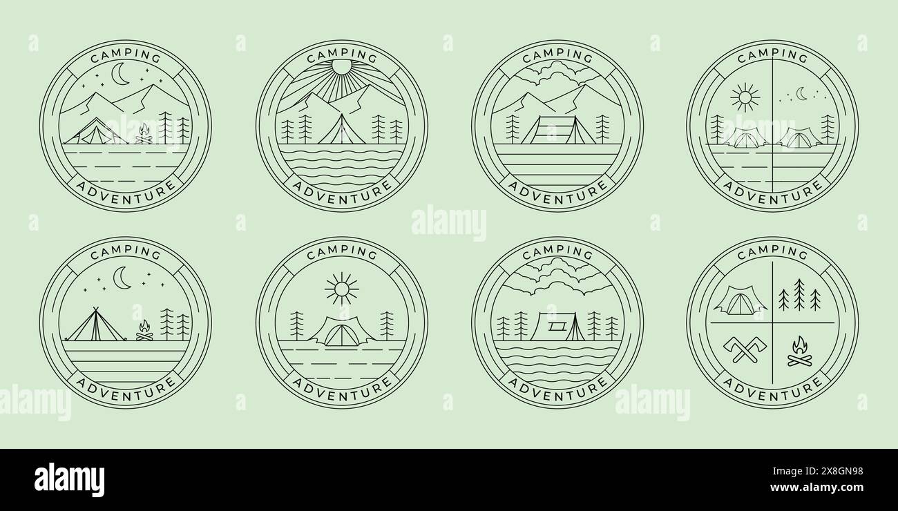 set collection tenda notturna accampata fire logo disegno vettoriale intelligente fantasia line art logo logo logo logo logo logo logo emblema design linea Illustrazione Vettoriale