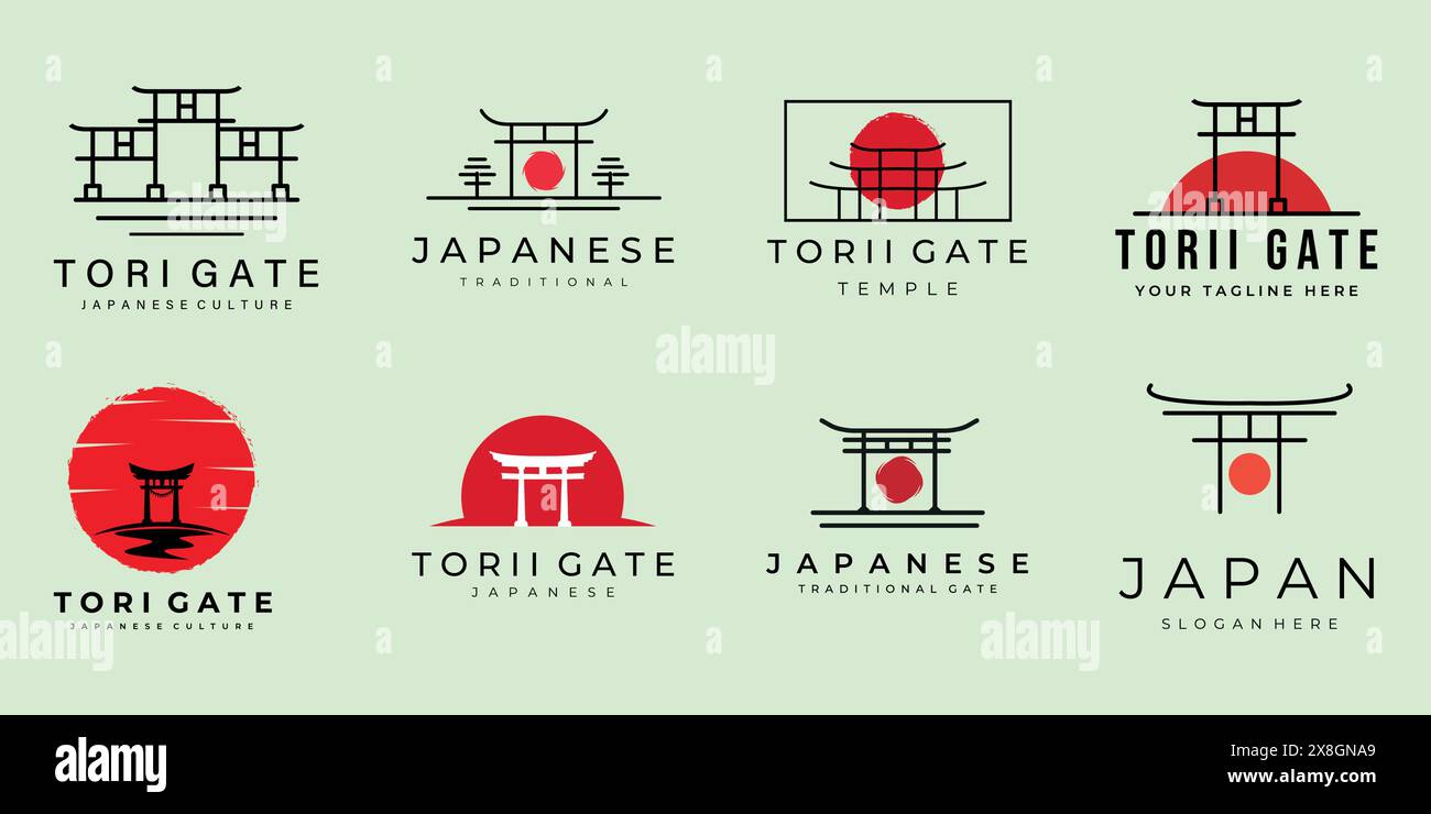 set di logo torii gate design vintage e line art vettoriale modello icona. collezione di vari emblemi torii etichetta di cultura giapponese Illustrazione Vettoriale