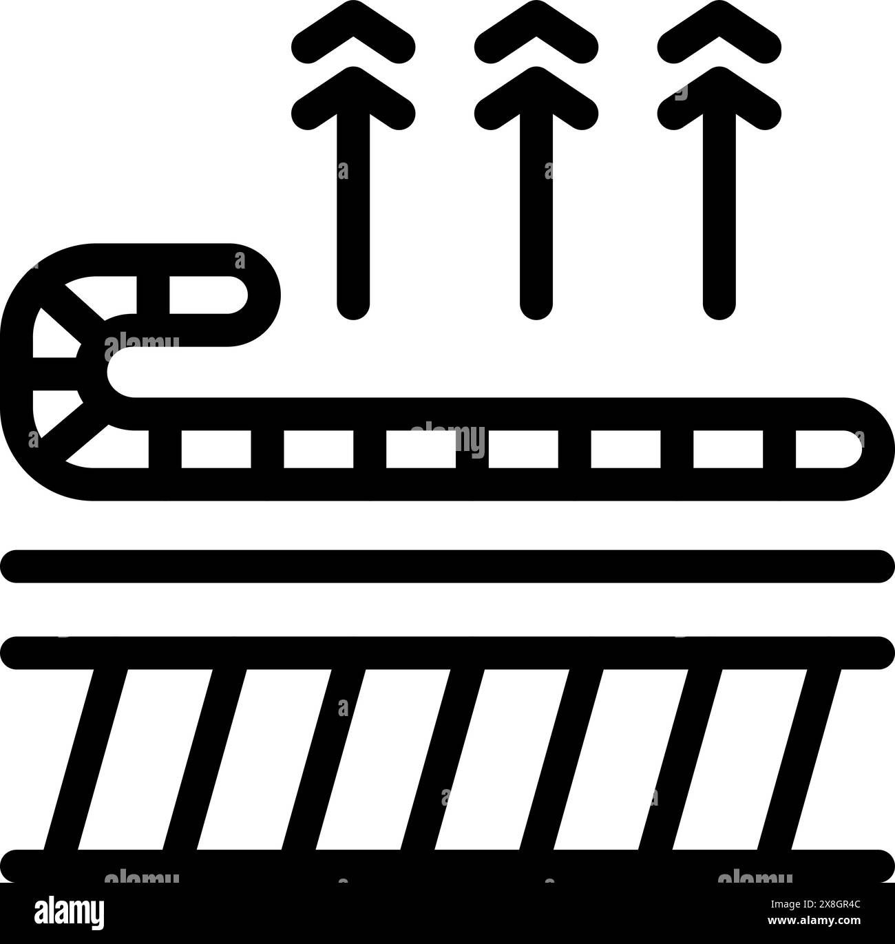 Icona vettoriale in bianco e nero di un nastro trasportatore industriale per processi di produzione, produzione e logistica Illustrazione Vettoriale
