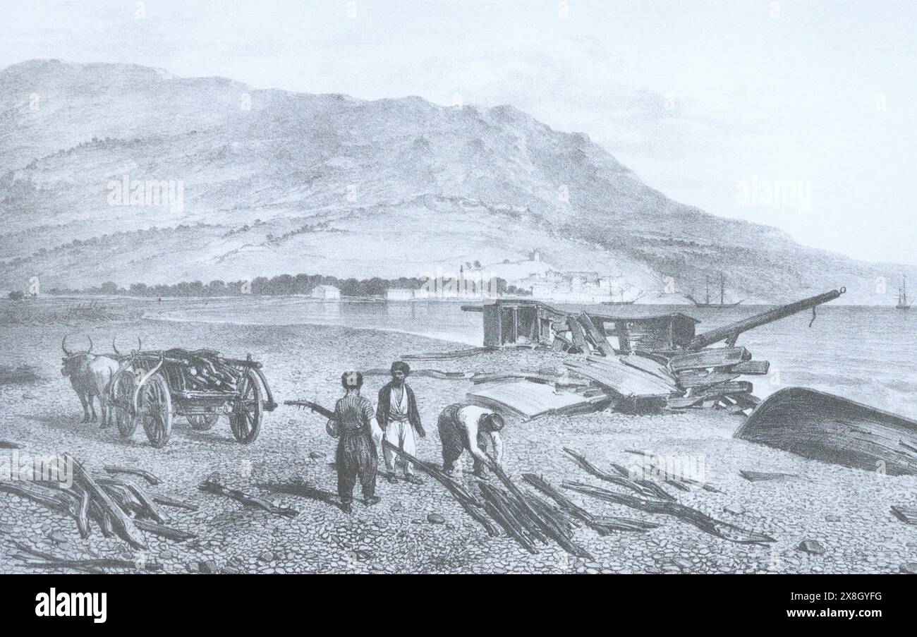 Vista della città e della baia di Yalta in Crimea. Incisione di Auguste Raffet del XIX secolo. Foto Stock