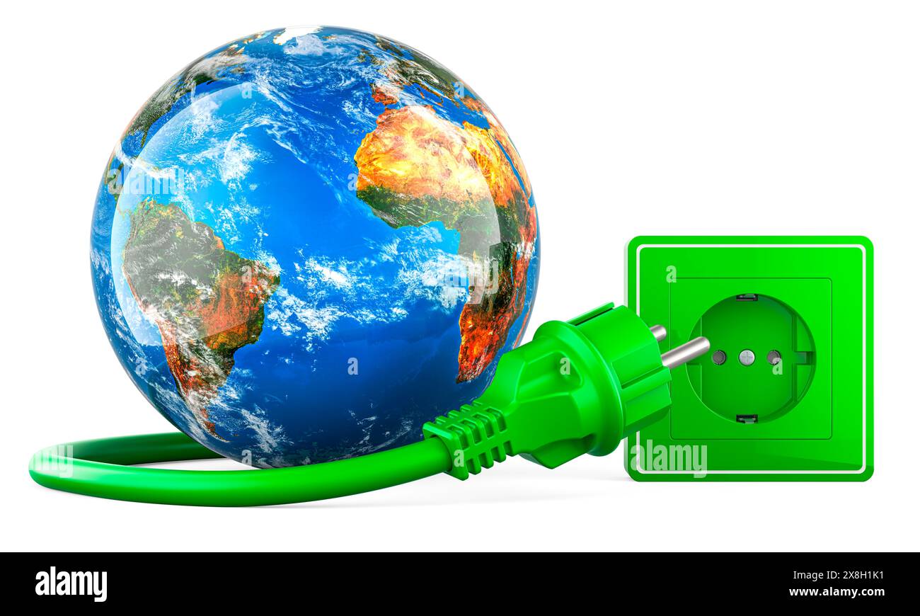 Globo terrestre con la spina di alimentazione nella presa elettrica. Energia verde concetto. 3D rendering isolati su sfondo bianco Foto Stock