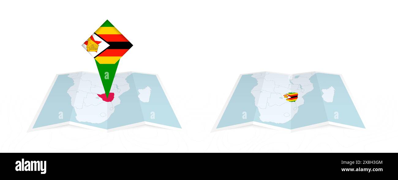 Due versioni di una mappa ripiegata dello Zimbabwe, una con una bandiera fissa e una con una bandiera nel contorno della mappa. Modello sia per la stampa che online desi Illustrazione Vettoriale