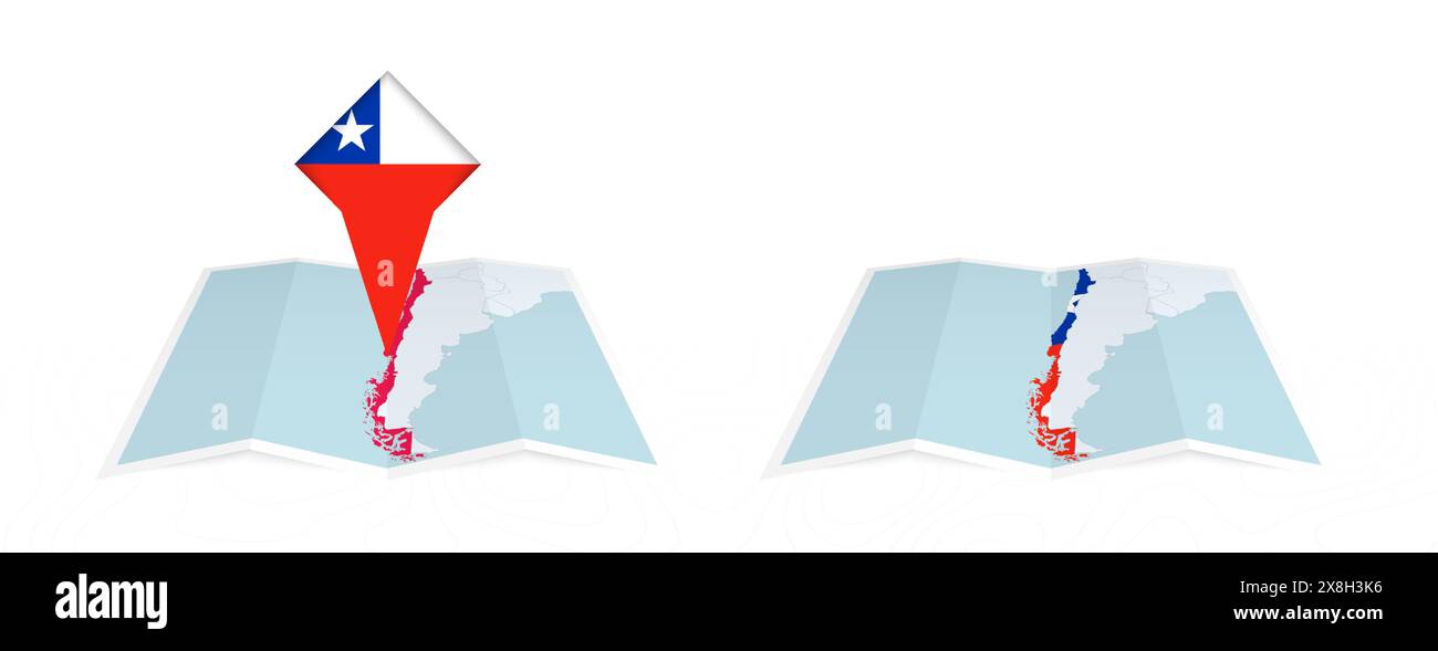 Due versioni di una mappa piegata del Cile, una con una bandiera fissa e una con una bandiera nel contorno della mappa. Modello per la stampa e la progettazione online. Illustrazione Vettoriale