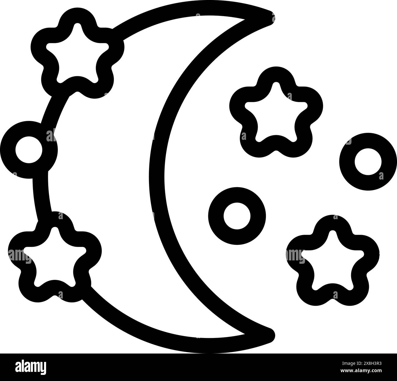 Arte in linea bianca e nera di una luna crescente circondata da stelle Illustrazione Vettoriale