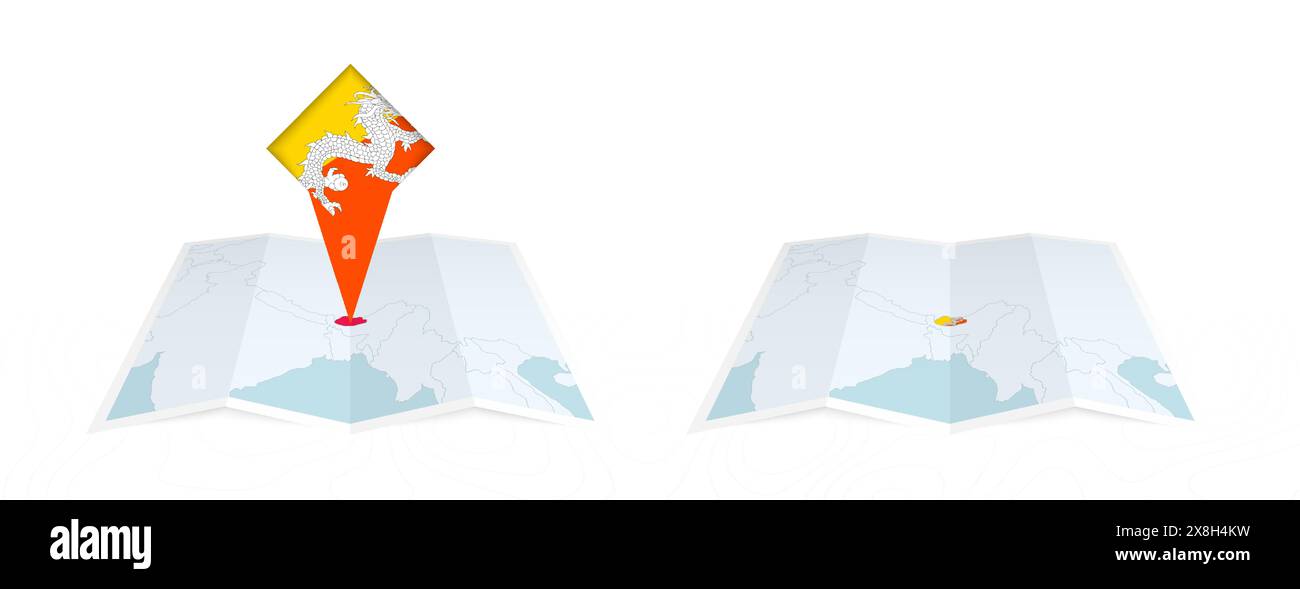 Due versioni di una mappa piegata del Bhutan, una con una bandiera fissa e una con una bandiera nel contorno della mappa. Modello per la stampa e la progettazione online Illustrazione Vettoriale